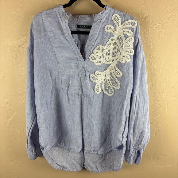 Lauren Ralph Lauren Tops - Lauren Ralph Lauren Blue Linen Embellished Crochet Lace Long Sleeve Blouse Large